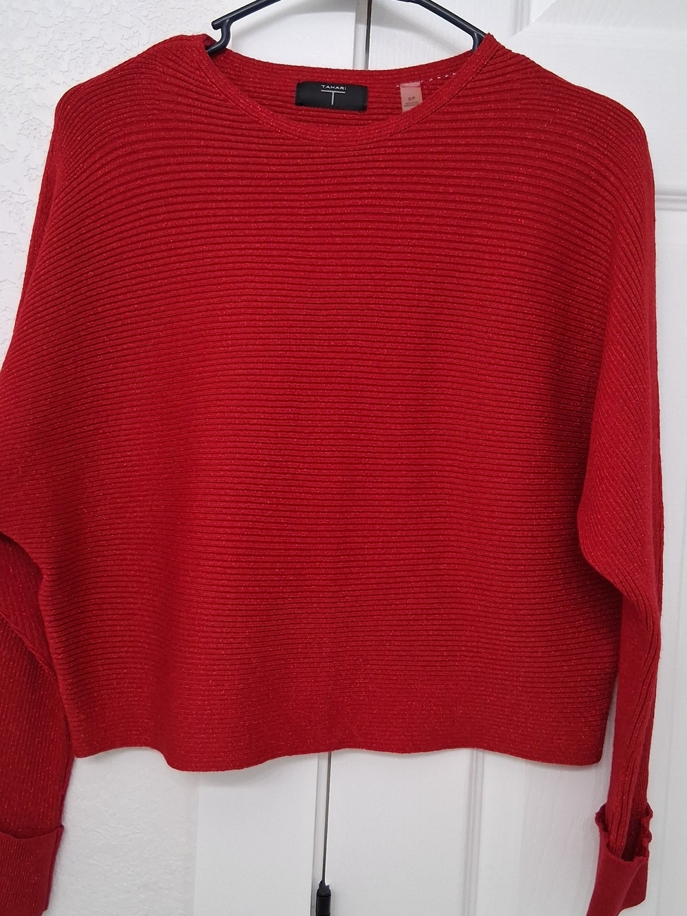 Tahari Red Ribbed Crewneck Sweater